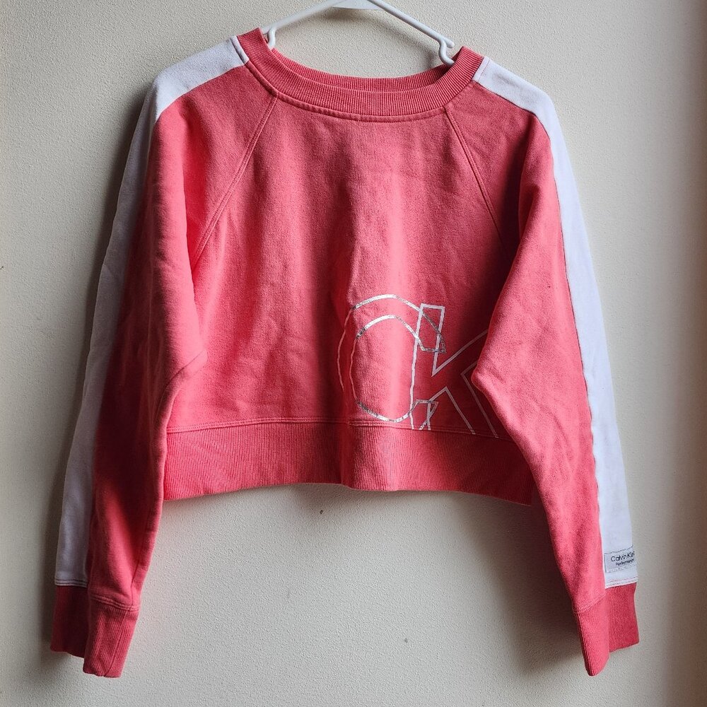 Calvin Klein Performance Pink/White Cropped Scoop Neck Sweatshirt Size Small